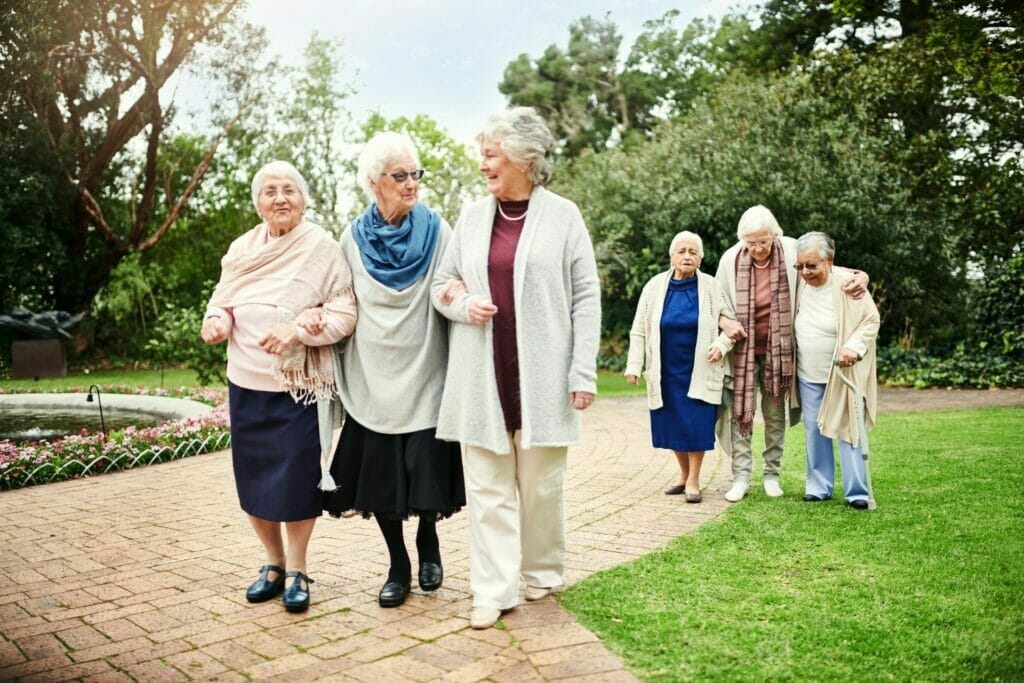 Senior women walking at retirement residence